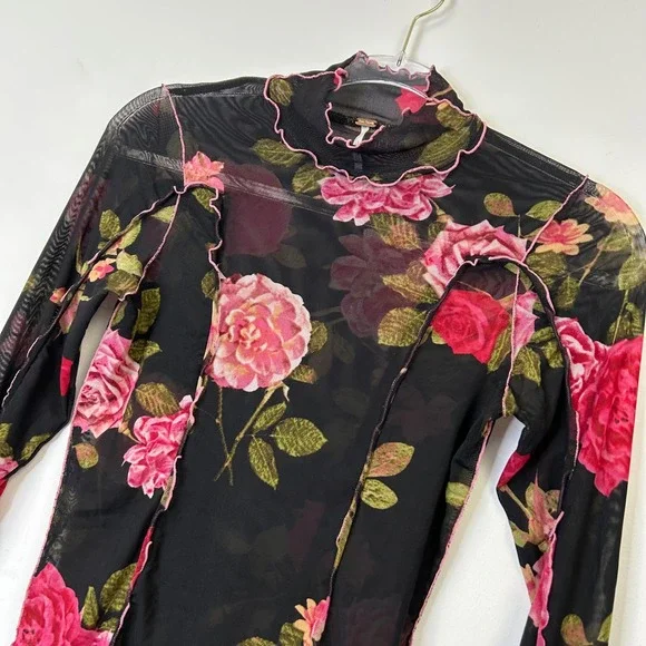 Free People Charlie Sheer Mesh Floral Top Women's Small Lettuce Neck Whimsigoth - Picture 3 of 8